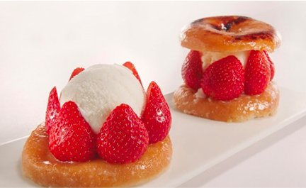 Caramelised Doughnut filled with ice cream and seasonal strawberries